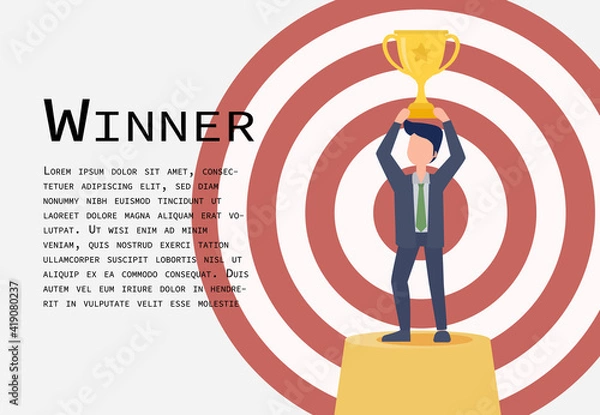 Fototapeta This man stood on the stage holding a trophy. The background is a dart target. It is a symbol of a successful goal.