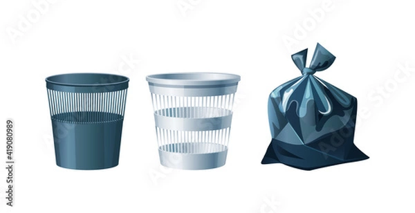 Fototapeta Оffice mesh metal and plastic bucket and trash bags. Waste sorting and recycling vector
