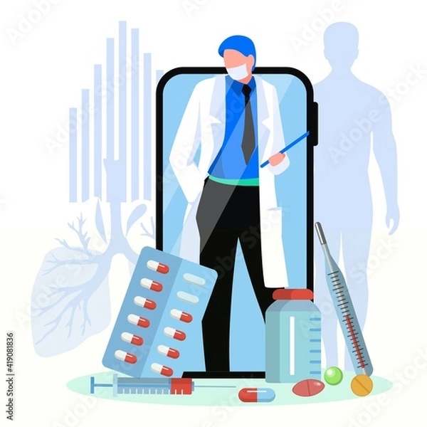 Fototapeta Online medical consultation via smartphone. Telemedicine service concept. Smartphone screen with male doctor working online via mobile application flat vector illustration