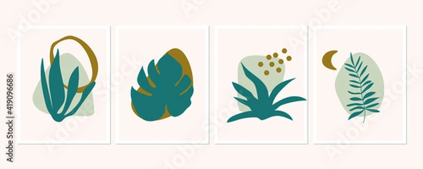 Fototapeta Botanical wall art posters collection. Set of tropical leaves drawings with abstract shapes in pastel colors. Artistic wildlife nature art. Minimalist modern floral background.