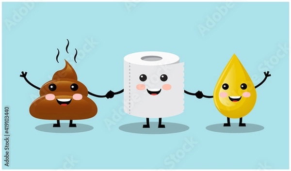 Obraz three cute friends smiling and waving their hands turd, a drop of urine and toilet paper 
