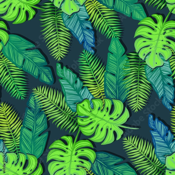 Obraz Vector illustration, Tropical summer. tropical leaves,cacti, seamless pattern, dark background, Handmade