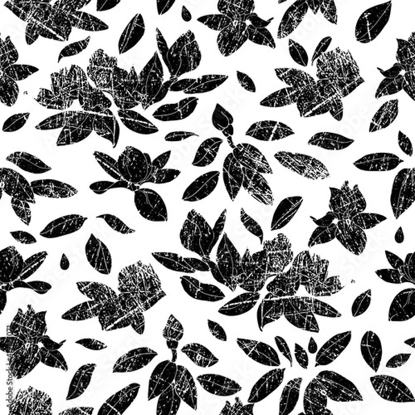 Fototapeta Scratched, worn images of flowers. Black drawing on a white background. Seamless pattern.