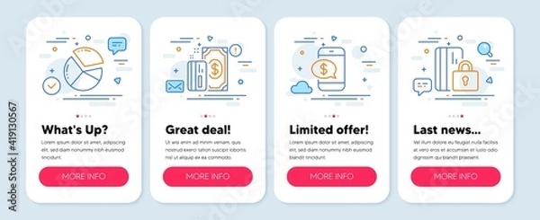 Fototapeta Set of Finance icons, such as Payment, Pie chart, Phone payment symbols. Mobile screen app banners. Blocked card line icons. Cash money, Presentation graph, Mobile pay. Private money. Vector