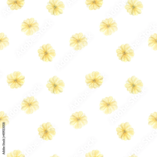 Fototapeta Watercolor seamless pattern with soft yellow large flower leaves, spring flowers on a white background, botanical illustration for pajamas, fabrics, dresses, greeting cards.