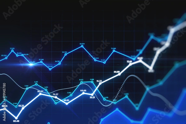Fototapeta Big data net concept with digital glowing statistic graphs and numbers on dark wallpaper