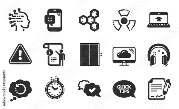 Fototapeta Approved, Smile and Recovery data icons simple set. Cloud storage, Chemical hazard and Artificial intelligence signs. Manual doc, Lift and Website education symbols. Flat icons set. Vector