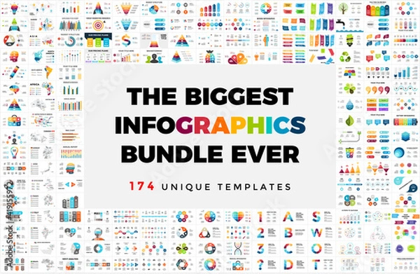 Obraz Największy pakiet infografik wektorowych. 174 szablony slajdów prezentacji - od diagramów, wykresów i osi czasu po mapy, strzałki i banery. Idealny dla każdej branży, od biznesu lub marketingu po