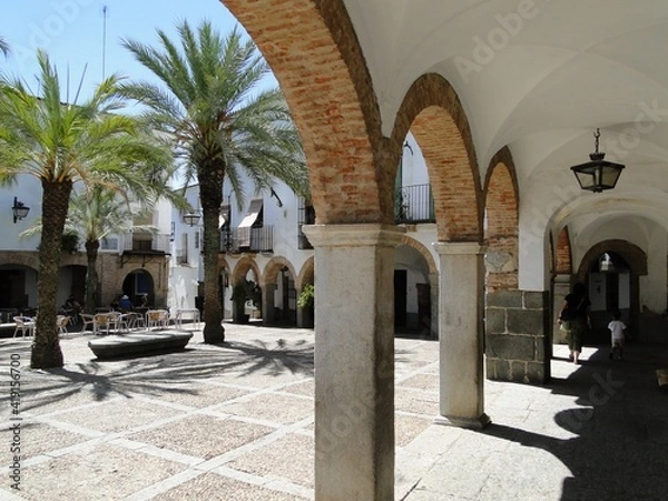 Fototapeta Palmeras de un parque y Soportales encalados para protegerse de la lluvia y el sol, en una aldea del sur de España