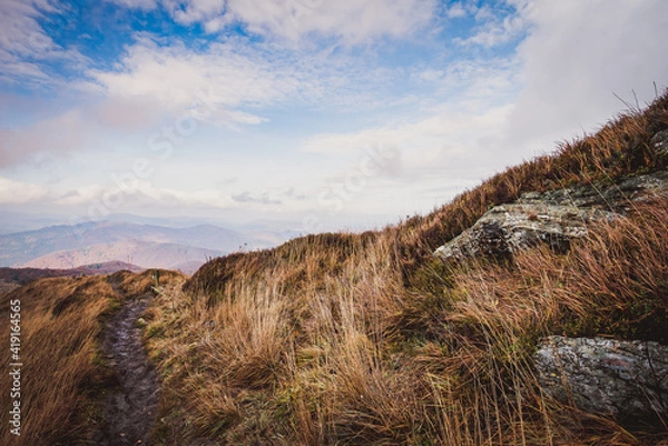 Obraz Autumn in the Bieszczady Mountains Poland. Trekking trail, blue sky.