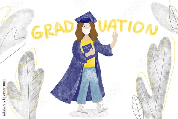 Fototapeta Hand drawn cartoon illustration with happy excited student wearing mask, holding with diploma, illustration on white background with  decorative elements