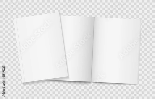 Fototapeta Two realistic blank books on transparent background. Open and closed vertical brochure page, notebook, magazine, booklet, cover. 3d mockup template for your design. Blank paper white sheets. Vector