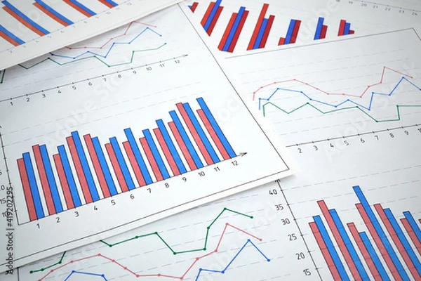 Fototapeta Photos of charts, diagrams and numbers showing the rise and fall in the market