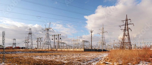 Fototapeta Panoramic image of high voltage substation.