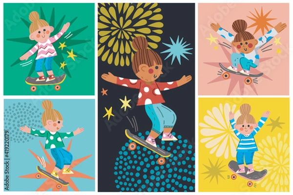 Fototapeta Vector Hand Drawn Cool set of Skateboard Girls. Adorable Characters in trendy style and color palette. 