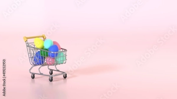 Fototapeta Happy Easter background. Easter eggs colorful in the shopping cart on pastel pink background. Festive concept. Copy space for Text. 3d rendering