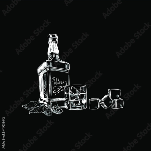 Fototapeta Scotch whiskey bottle, glass with some ice cubes. 