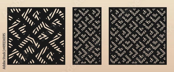 Fototapeta Laser cut patterns. Vector template with abstract geometric ornament, broken lines, chevron, grid, scale. Decorative stencil for laser cutting of wooden panel, metal, paper. Aspect ratio 1:2, 1:1