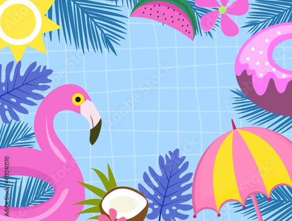 Fototapeta Tropical background banner. Summer pool with beach party element, flamingo swimming circle, donut. Vector illustration