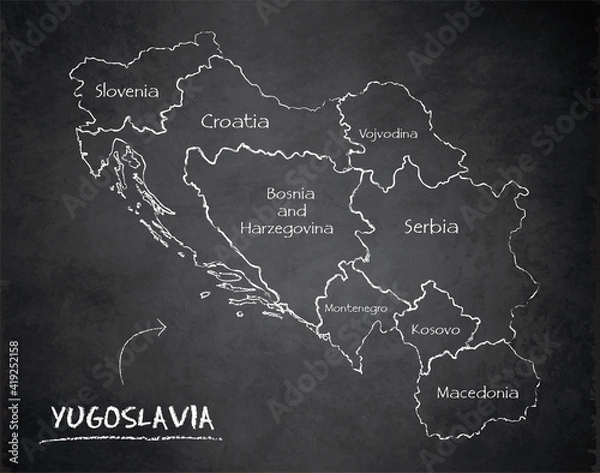 Fototapeta Yugoslavia map administrative division, separates regions and names individual region, design card blackboard chalkboard vector