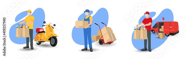Fototapeta Online delivery service concept, online order tracking, delivery home and office. Warehouse, truck, scooter  courier, delivery man in respiratory mask. Vector illustration

