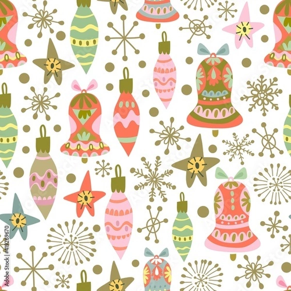 Fototapeta Christmas Cute Festive Seamless pattern of Christmas toys in lovely colour palette.