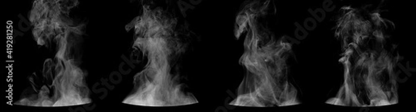 Obraz Set of steam from round dishes - pots, mugs or cups isolated on black background