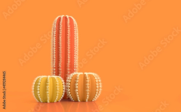 Fototapeta Abstract concept on the topic of the male penis. Three different cacti with thorns on a bright colored pastel background as a concept of infertility and abstinence. 3d illustration