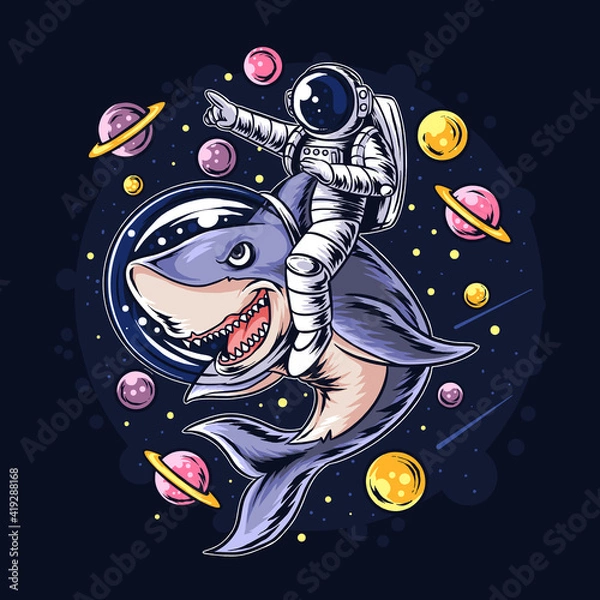 Fototapeta astronauts ride a shark in space with the planets planets