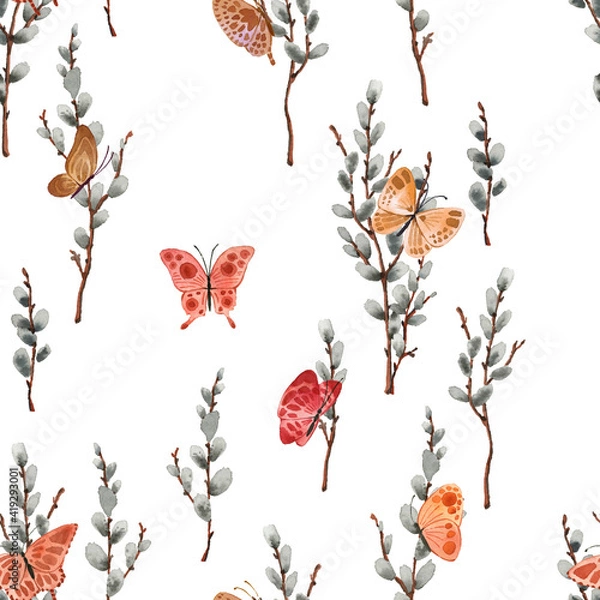 Fototapeta Pattern with bright cute butterflies and willow, in watercolor style!