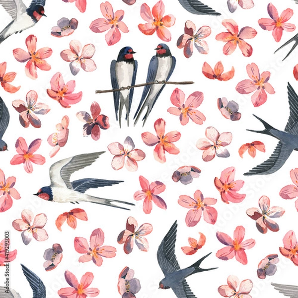 Fototapeta Watercolor pattern with cute swallows and sakura. On a dark background.