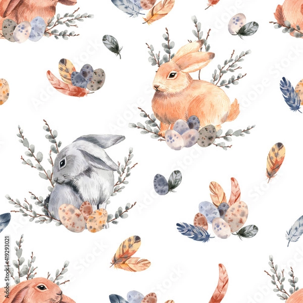 Fototapeta Watercolor pattern with cute Easter bunnies. Happy Easter.