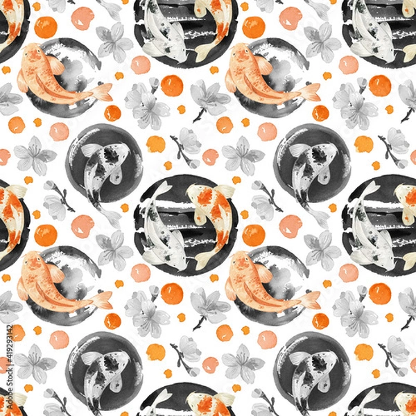Fototapeta Seamless pattern with Japanese theme in watercolor style. Watercolor carps. Japanese elements.