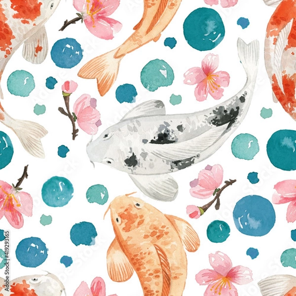 Fototapeta Seamless pattern with Japanese theme in watercolor style. Watercolor carps. Japanese elements.