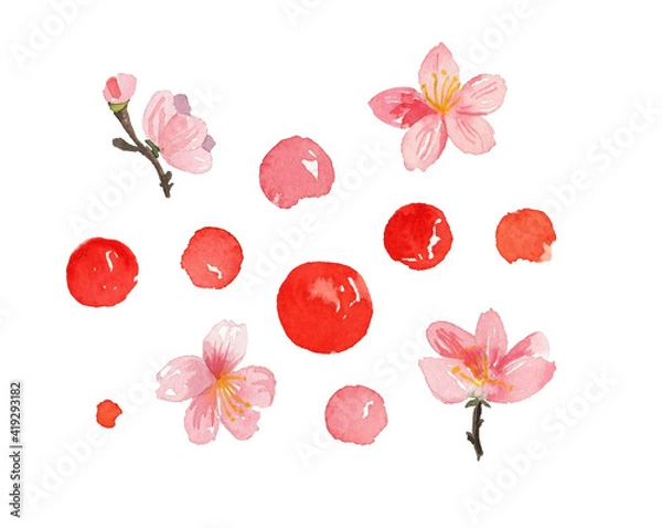 Fototapeta Cute set with Japanese theme in watercolor style. Watercolor sakura. Japanese elements.