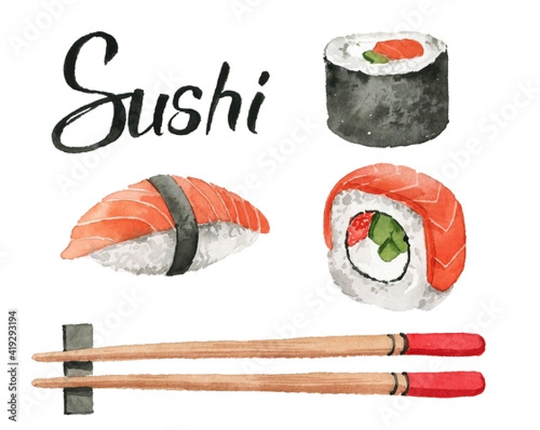 Fototapeta Cute set with Japanese theme in watercolor style. Watercolor sushi. Japanese elements, lucky charms.