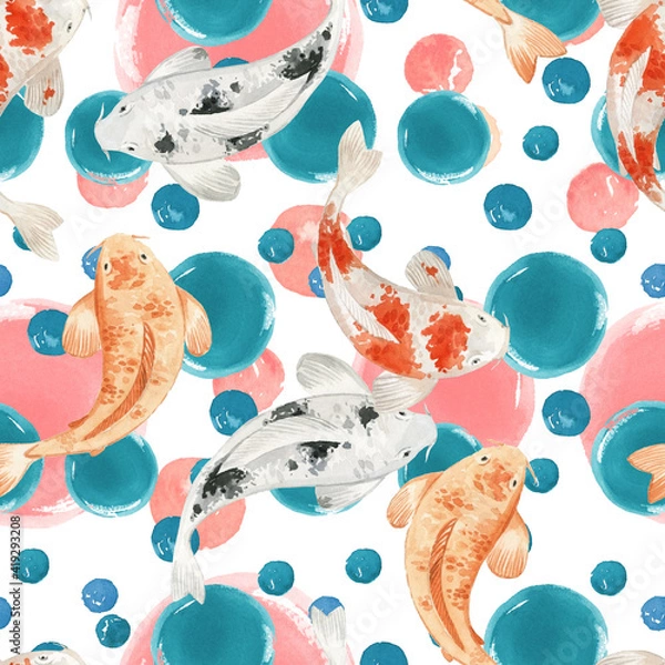 Fototapeta Seamless pattern with Japanese theme in watercolor style. Watercolor carps. Japanese elements.