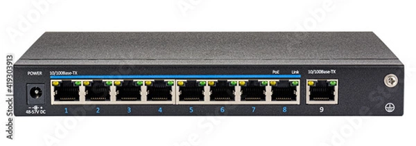 Obraz Front view of ethernet switch with 8 PoE support ports isolated on white background