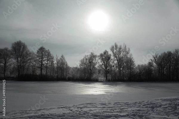 Obraz landscape snowy forest and river