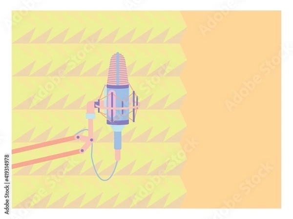 Fototapeta Studio desktop microphone with broadcast text over the air for podcasts, online communication and web conferencing. Vector illustration in a flat style.