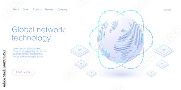 Fototapeta Global network technology in isometric vector illustration. World internet connection or social media online communication concept. Web banner layout template.