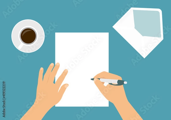 Fototapeta Flat design illustration of male or female hand writing letter with pen on blank sheet of paper. Open envelope and cup of coffee on green background with space for text, vector