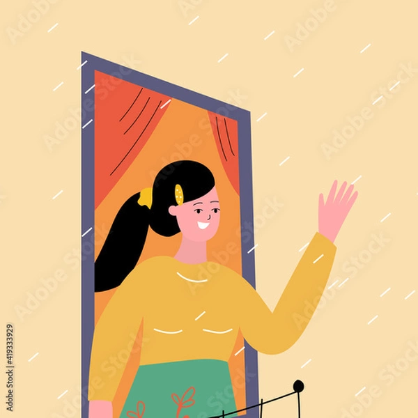 Fototapeta The girl waves to the world, the neighbor with a hand from the balcony. The girl stands at the window of the apartment. Vector illustration in trendy flat style