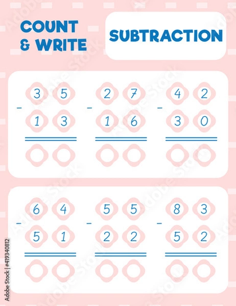 Fototapeta Math worksheet practice print page. Double digit subtraction. Column method. Count and write.