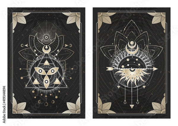 Fototapeta Vector dark illustrations with sacred geometry symbols, grunge textures and frames. Images in black, white and gold.