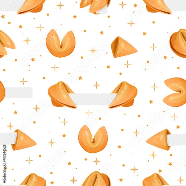 Obraz seamless pattern of set of Chinese fortune cookies with elements of stars. Fortune cookies with blank paper template. open and closed chinese fortune cookies with paper. Vector illustration.