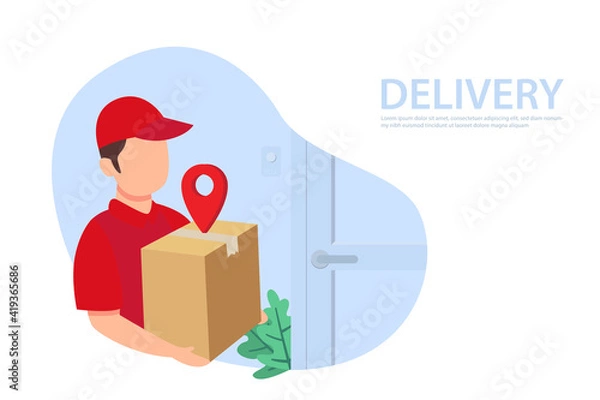 Fototapeta Online delivery services. Express delivery concept by courier and customer door to door. Vector illustration
