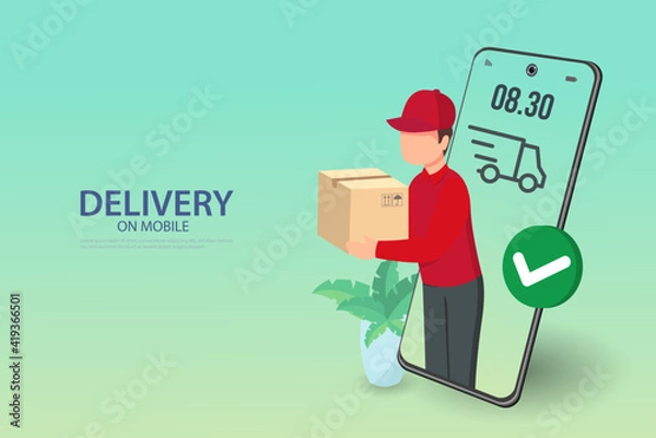 Fototapeta Fast delivery by Man on mobile. E-commerce concept. Online food order infographic. Webpage, app design. Pink and Blue background. Perspective vector
