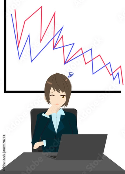 Fototapeta 急激に下がるグラフと困るビジネスウーマン