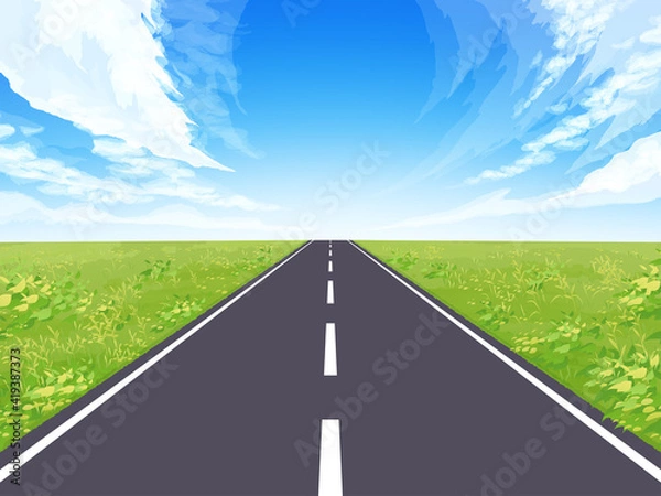 Fototapeta 直線道路の風景イラスト_秋